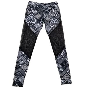 Onzie black white mixed print sheer panels long leggings women's Size S/M NWT